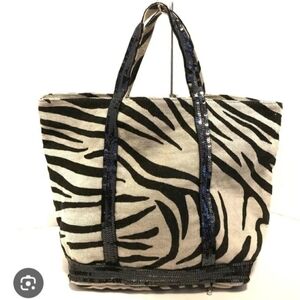 Faux Fur Zebra Print Tote Bag with Sequin Trim - Black/White